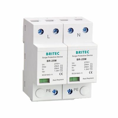 25kA Tipe 1 Surge Protector 275V 1.3kV T1 10/350us 2P Fase Tunggal