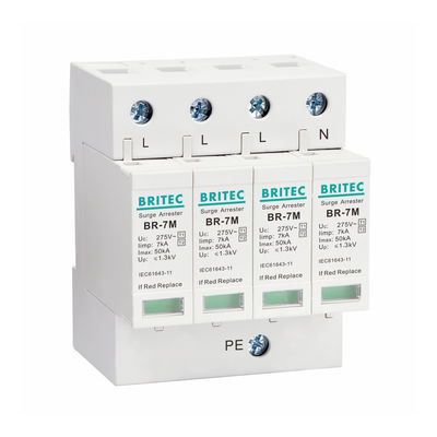 AC Power Iimp 7KA 4P T1+T2/Kelas B+C 3 Phase Industrial Power Surge Protect, 275V Din Rail Mount Thunder Arrester