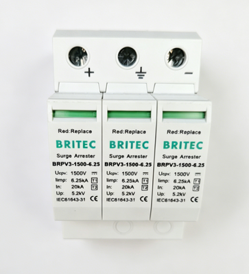 BRPV3-1500-6.25  perangkat pelindung lonjakan arus dc surya dc spd penangkal petir dc spd wenzhou  1500v 3 kutub spd dc 500v t1 t2 Harga SPD Tipe 1