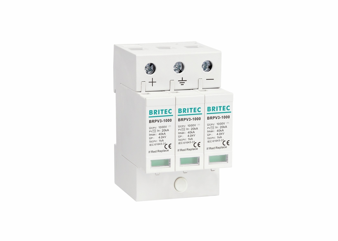 40ka 1000V Kelas II 3P PV Surge Arrester Protector 35mm Din Rail Mount