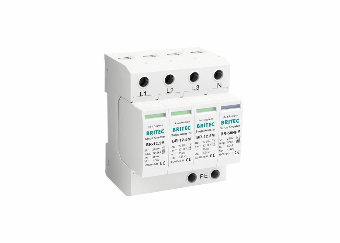 12.5kA Kelas B + C Standar IEC Tiga Fase Perlindungan Petir Perlindungan Surge
