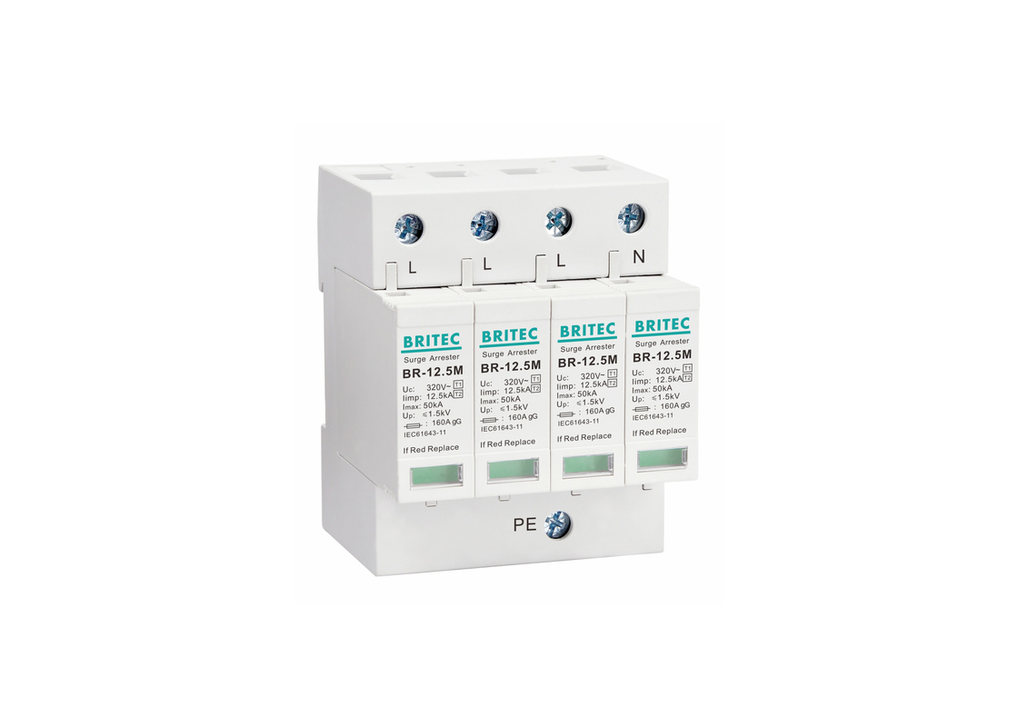 12.5kA Tipe 1 + 2 320V 4P Perlindungan Surge Rumah Tangga Perlindungan Petir