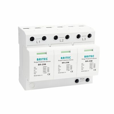 275V Lightning Surge Protector dengan 25KA Iimp dan DIN Rail Mount untuk Perlindungan Daya 3 Fase