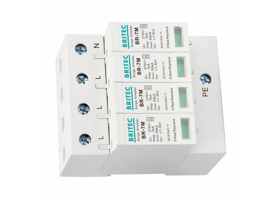 AC Power Iimp 7KA 4P T1+T2/Kelas B+C 3 Phase Industrial Power Surge Protect, 275V Din Rail Mount Thunder Arrester