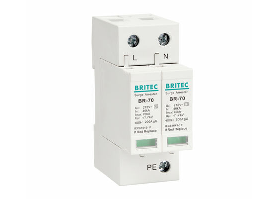 Perangkat Perlindungan Tambahan Listrik Tipe 2 70kA DIN Rail Mountable Surge Arrester IEC 61643-11 Selaras