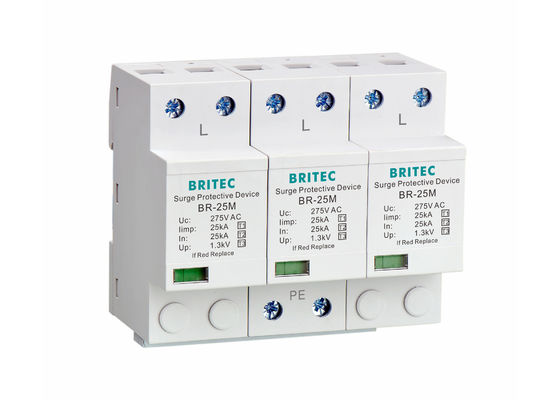 275V Lightning Surge Protector dengan 25KA Iimp dan DIN Rail Mount untuk Perlindungan Daya 3 Fase