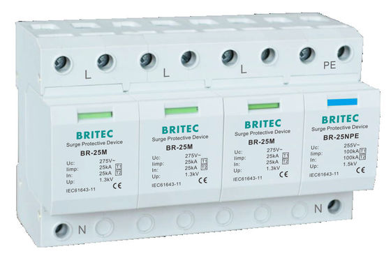 25kA T1+T2 Surge Arrester DIN Rail Mount Lightning Protector untuk sistem AC tegangan rendah